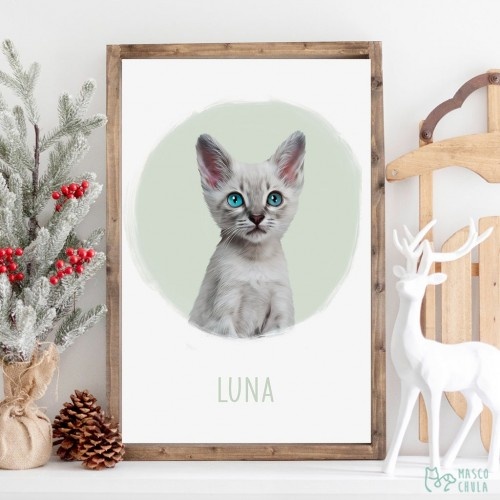 Retrato personalizado realista de Mascochula Luna em folha com seu animal de estimação azul-turquesa.