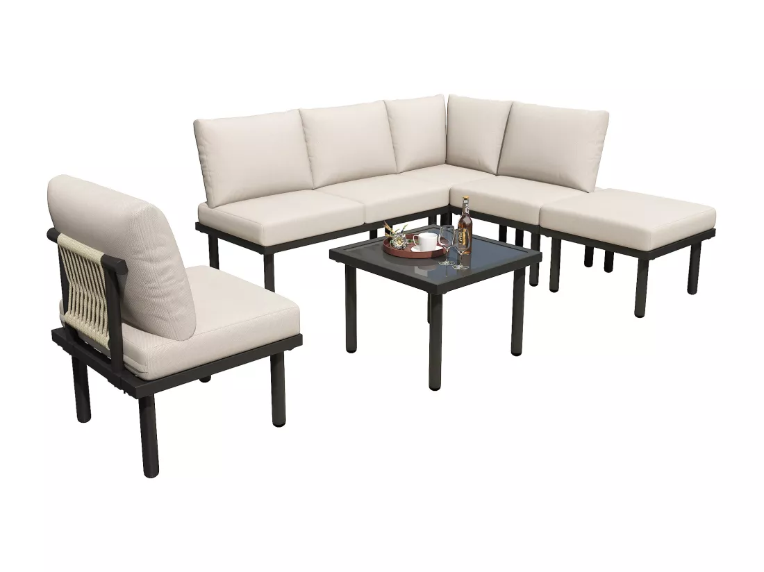 Salon de jardin modulable 6 places en acier galvanisé : 1 canapé 2 places + 1 canapé 2 places + 1 tabouret + 1 table basse carrée - Beige