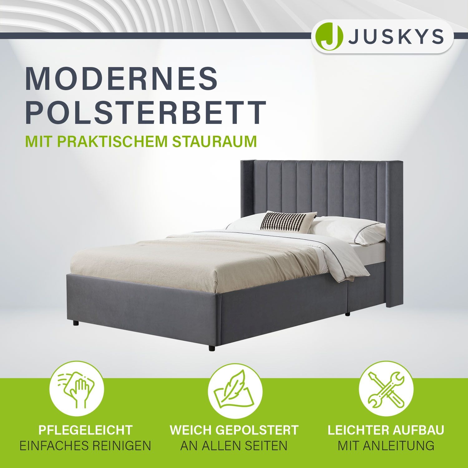 Juskys Polsterbett Savona 140x200 cm mit Stauraum, H3 Matratze, Samt-Bezug, bis 250kg - Dunkelgrau