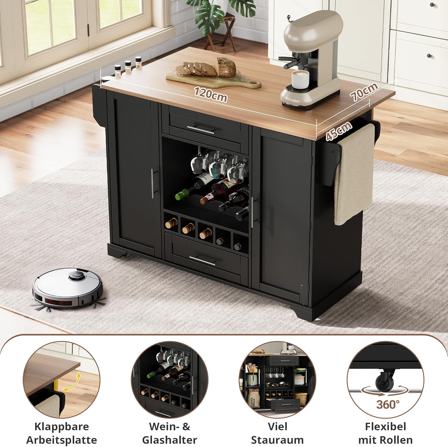 Kücheninsel Küchenschrank mit Klappbare Arbeitsplatte und Weinregal, Buffetschrank Küchenwagen mit Rollen und Handtuchhalter, Küchenbuffet, Küchenmöbel, Schrank Schwarz, 138x45-70x92 cm