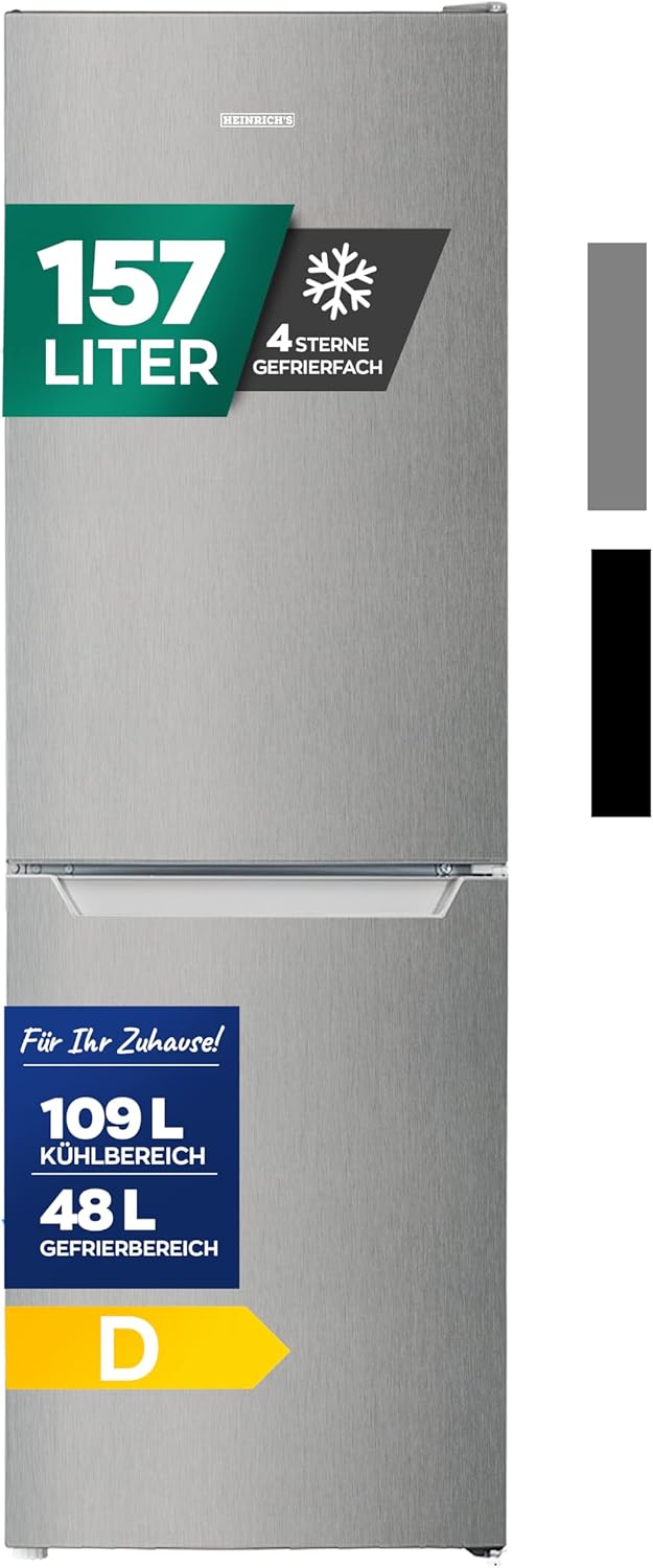 Heinrich´s Kühlgefrierkombination mit 157 L Gesamtvolumen, 109 L Kühlvolumen 48 L Gefriervolumen, LED Beleuchtung, Türanschlag wechselbar, verstellbare Füße, leise 39 dB, große Tiefkühlboxen, Inox