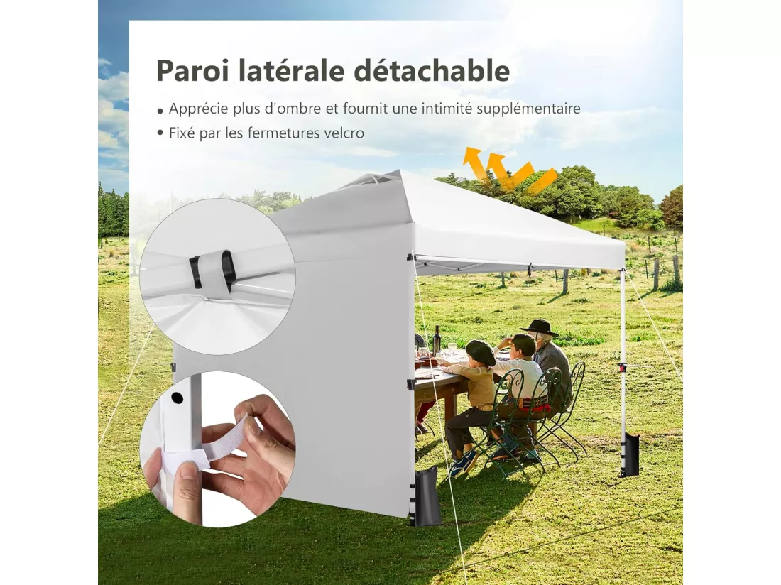 Tonnelle pop-up 3x3 m avec Paroi Latérale, Pavillon de Jardin Pliable avec Barres Transversales Suspendues, Bandes bannières et Sac à Roulettes, Protection UV 50+ (Blanc)