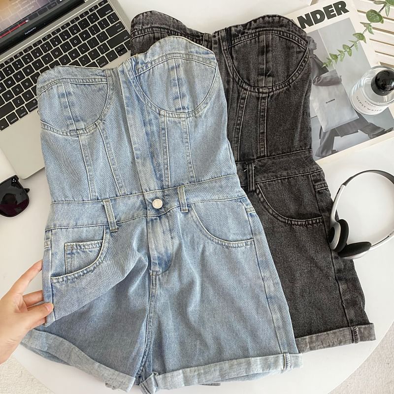 Iasia - Strapless gewassen denim romper