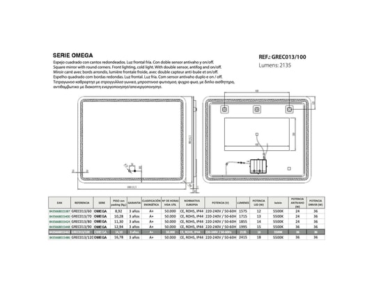 CRISTALED - Miroir de salle de bains lumineux éclairage intégré led fron...
