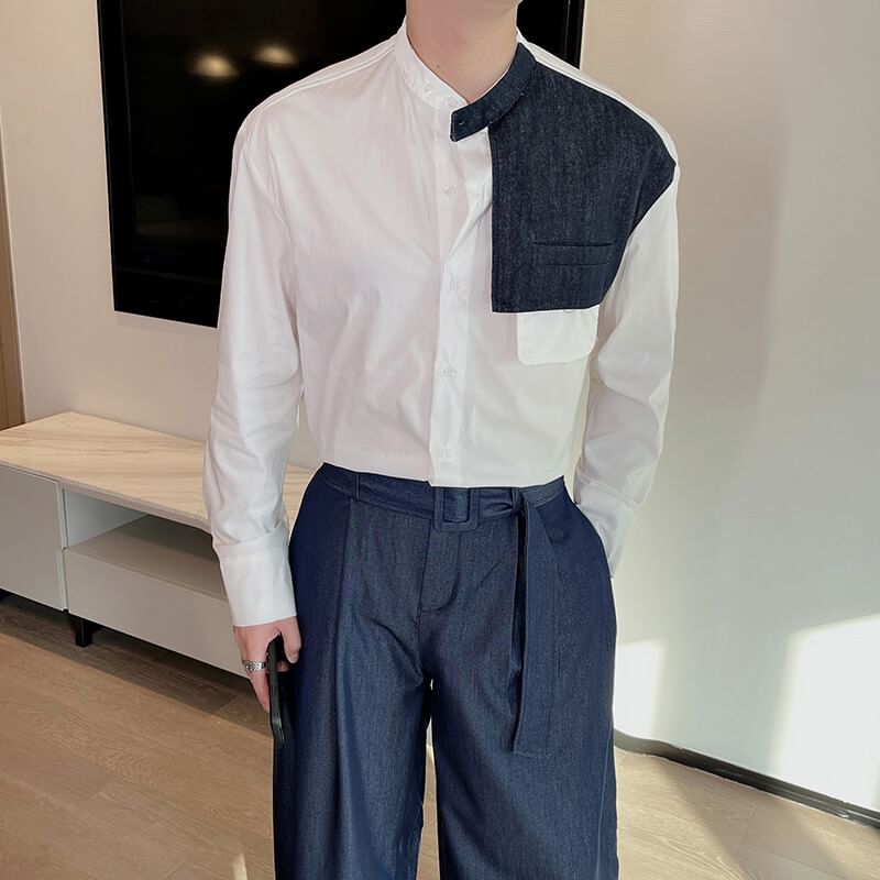 Drawouf - Overhemd met lange mouwen, opstaande kraag, denim paneel en knoopsluiting