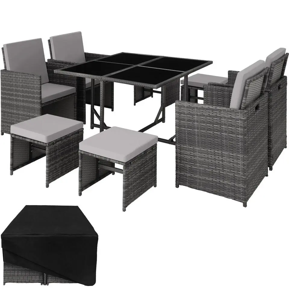 tectake - tuinset Bilbao - wicker - incl. beschermhoes - grijs