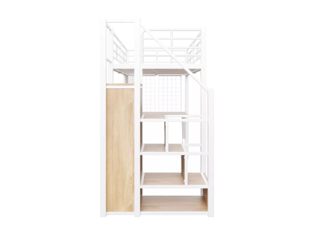 Lit mezzanine 90x200cm avec LED - bureau + penderie + échelle de rangement - Blanc