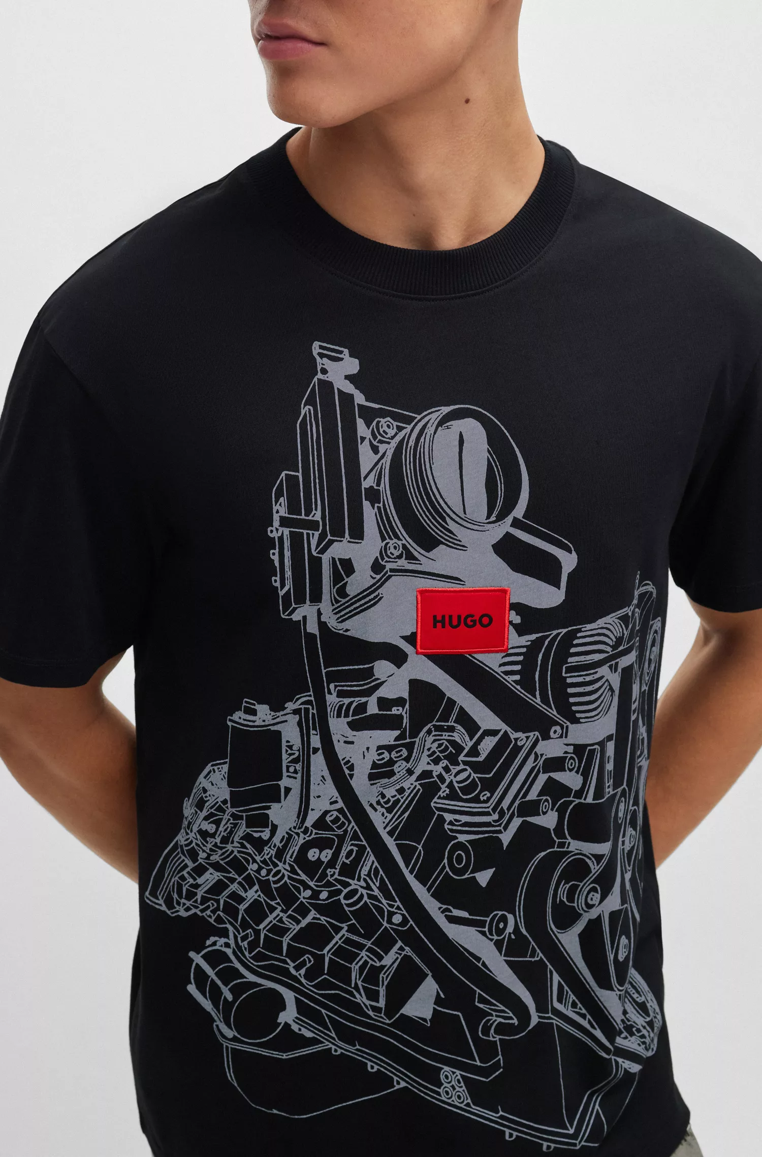 Camiseta HUGO vermelha de modelagem relaxada em malha de algodão com estampa sazonal.