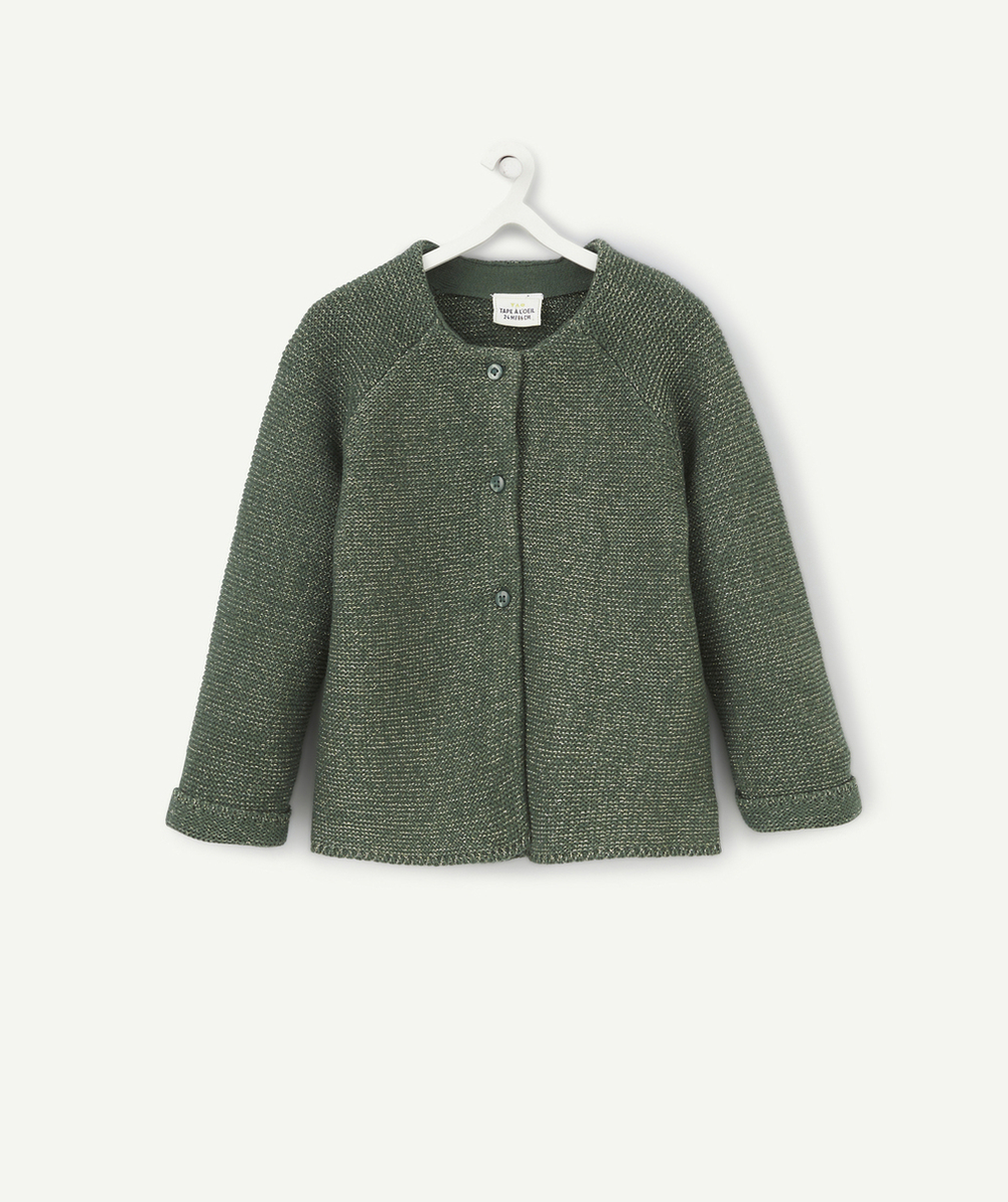 CARDIGAN BÉBÉ FILLE EN COTON BIO VERT AVEC DÉTAILS COULEUR DORÉE