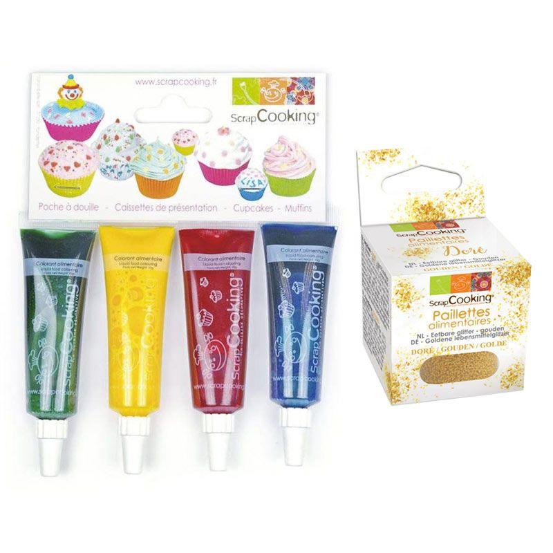 4 colorants alimentaires liquides bleu, rouge, jaune, vert + paillette