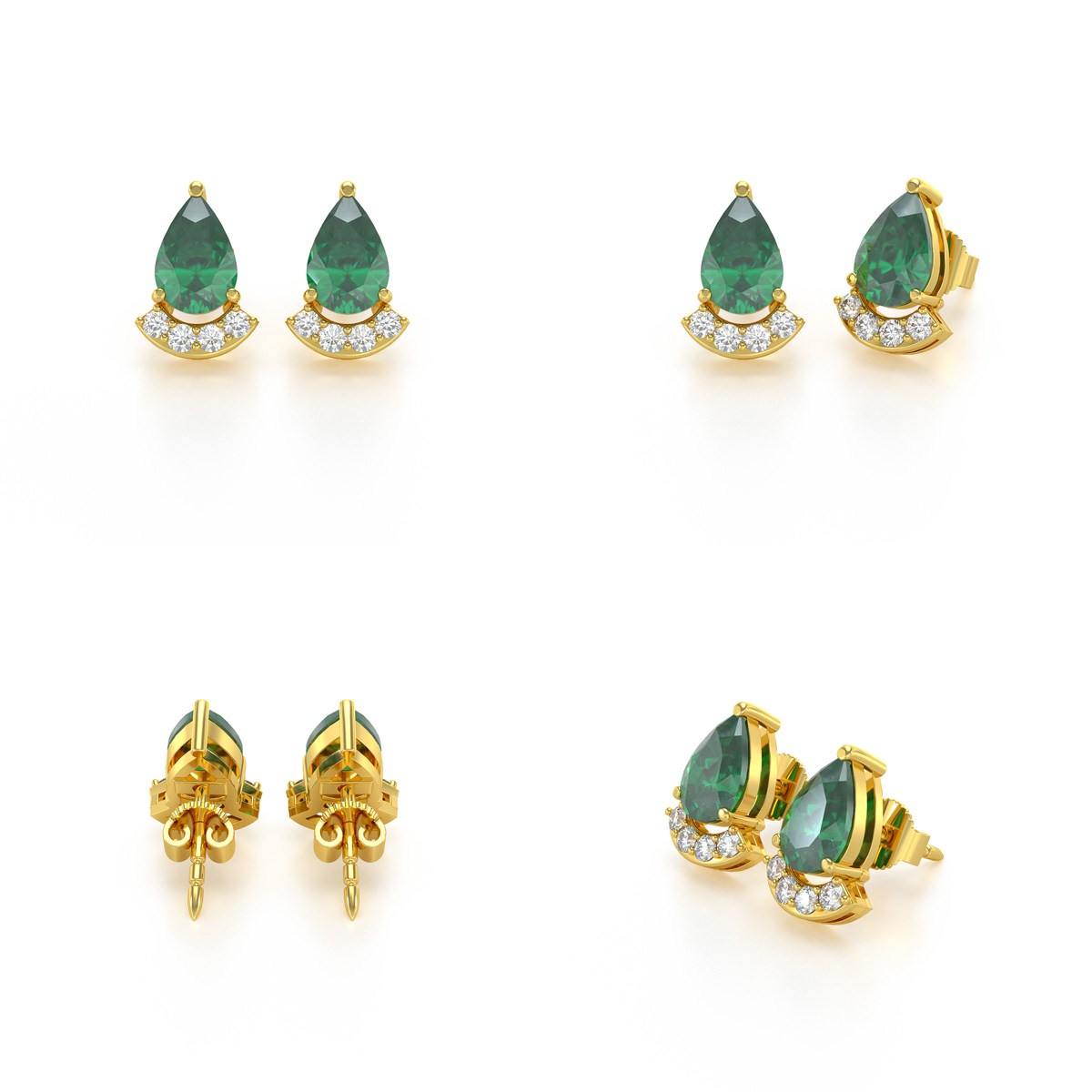 Boucles d'oreilles ADEN Or 585  Jaune Emeraude forme Poire et Diamants 1.4grs