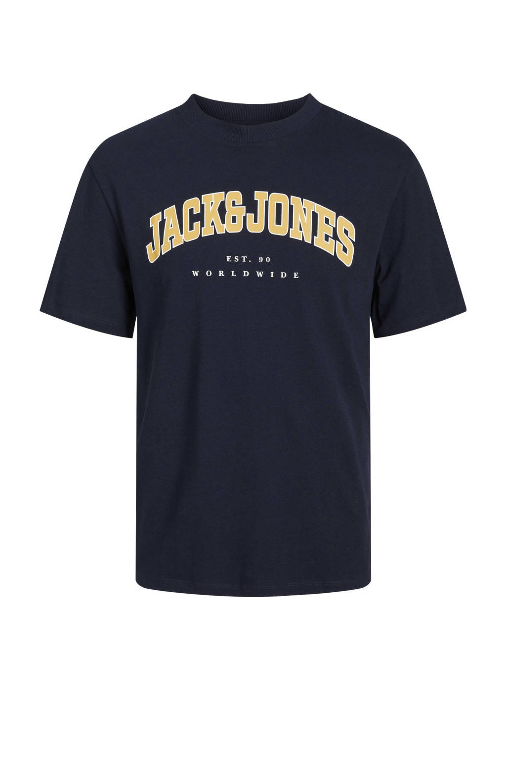 JACK & JONES T-shirt JJECALEB VARSITY met logo donkerblauw