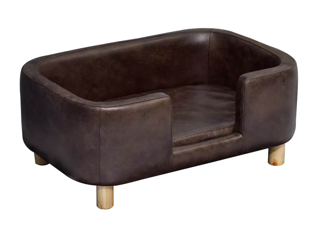 Canapé chien lit pour chien chat avec rebord coussin moelleux pieds bois massif dim. 74 x 48,5 x 31 cm revêtement micro-fibre chocolat