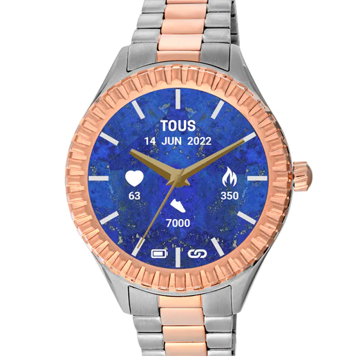 Relógio inteligente T-Bear Connect com pulseira de aço inoxidável e acabamento em aço inoxidável com revestimento IP em ouro rosa.