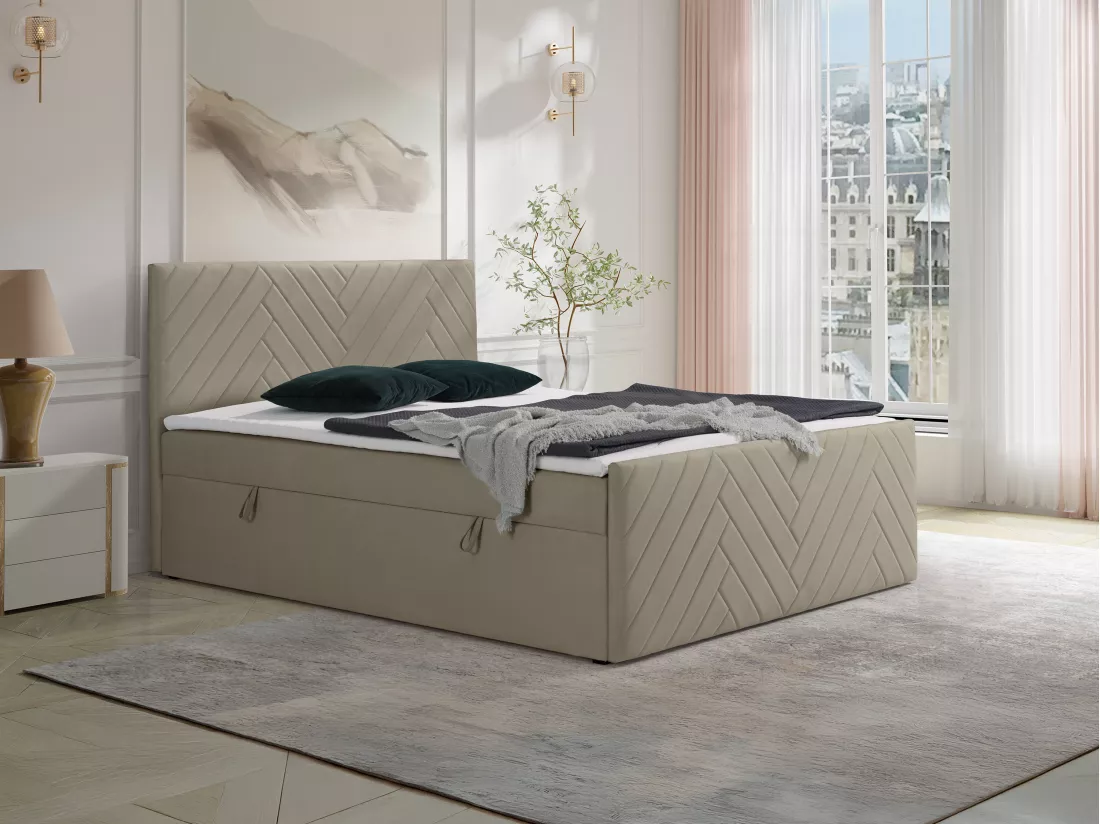 Ensemble complet literie déco tête de lit + sommiers coffre + matelas + surmatelas - 180 x 200 cm - Velours - Taupe - MAKANA de YSMÉE