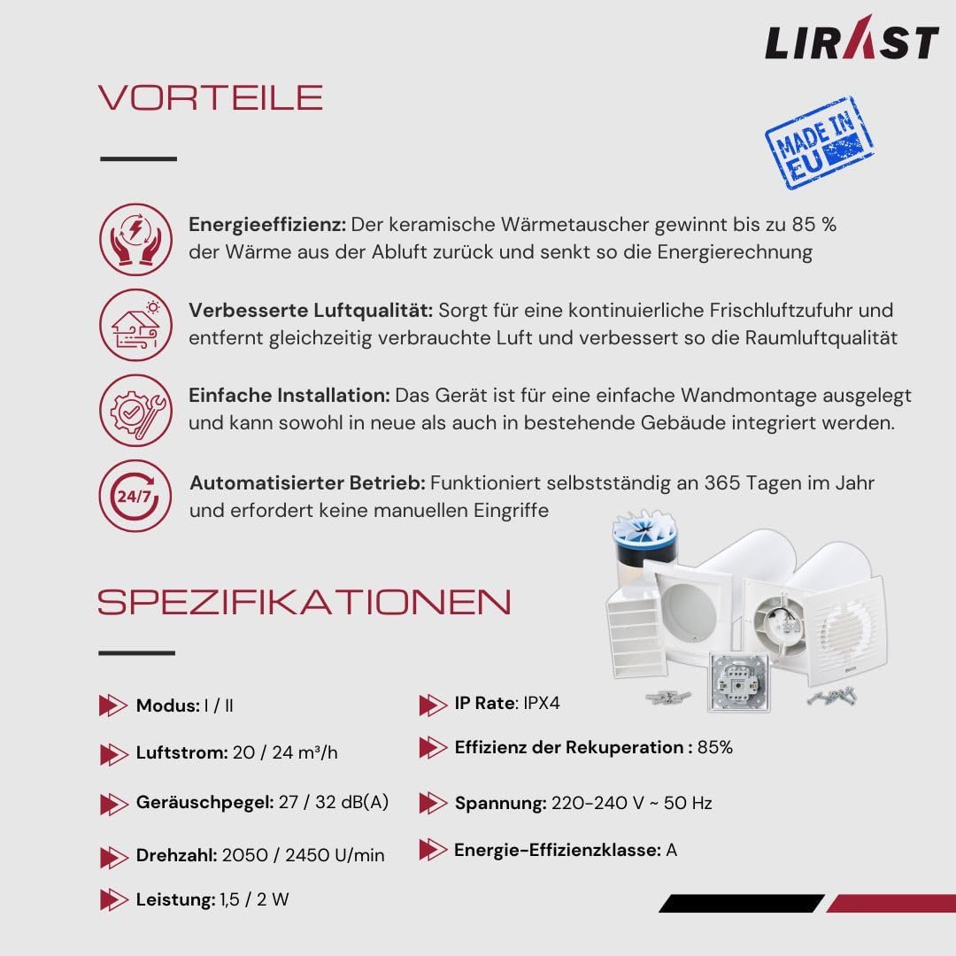 100mm Dezentrale Lüftungsanlage mit Wärmerückgewinnung - Wandlüfter mit Schalter - Lüftung mit Wärmerückgewinnung - Rekuperator mit Keramikwärmetauscher - Lufttauscher Wohnraumlüftung
