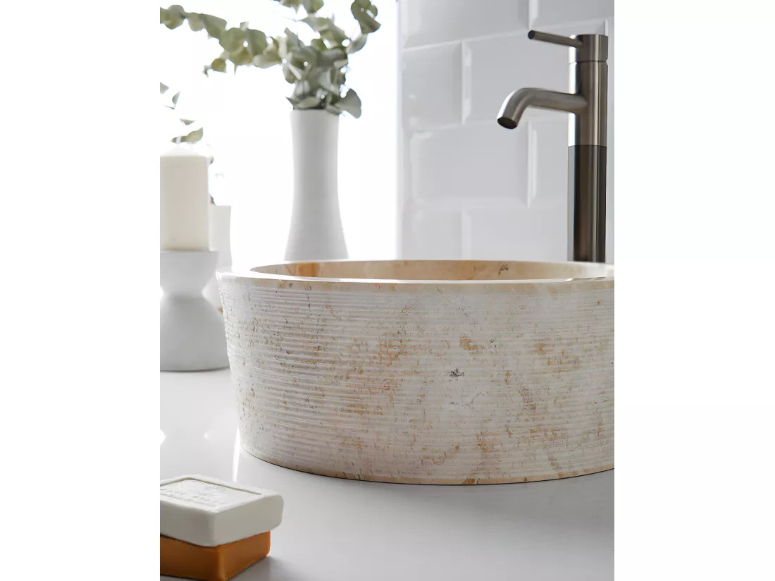 Vasque à poser / lavabo rond en marbre coloris beige - Diamètre 40 x Hauteur 15 cm