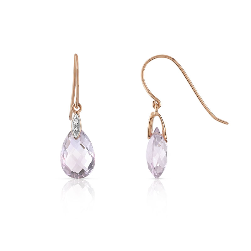 Boucles d'oreilles or 375 rose pendants gouttes briolette améthystes pastel et diamants
