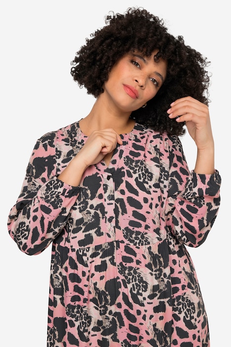 Maxikleid, A-Linie, Animal-Mustermix, Tunika-Ausschnitt, Langarm