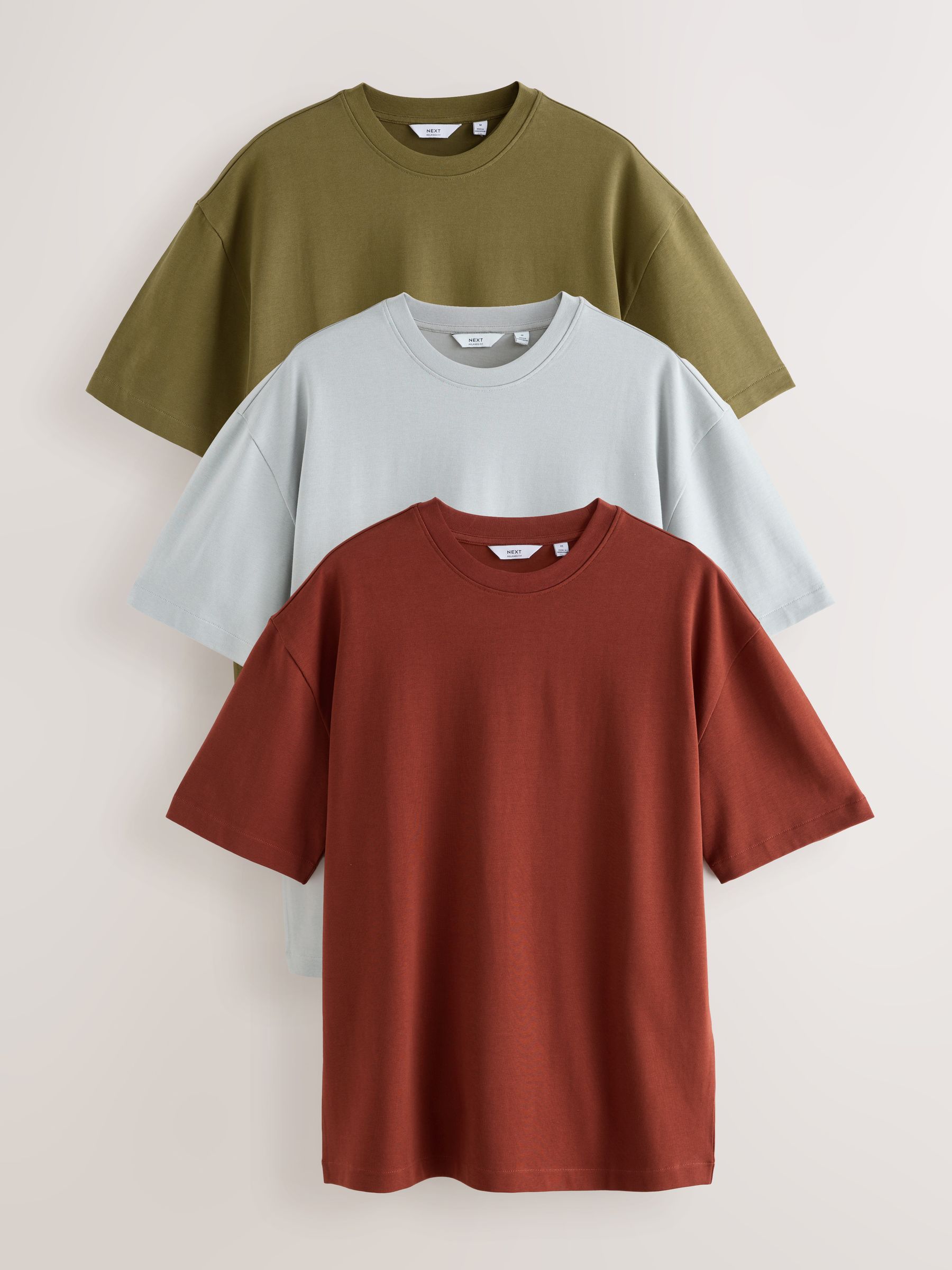 Olijfgroen/ijsgrijs/oranjerood - Relaxed fit - Verpakking van 3 T-shirts van zware stof