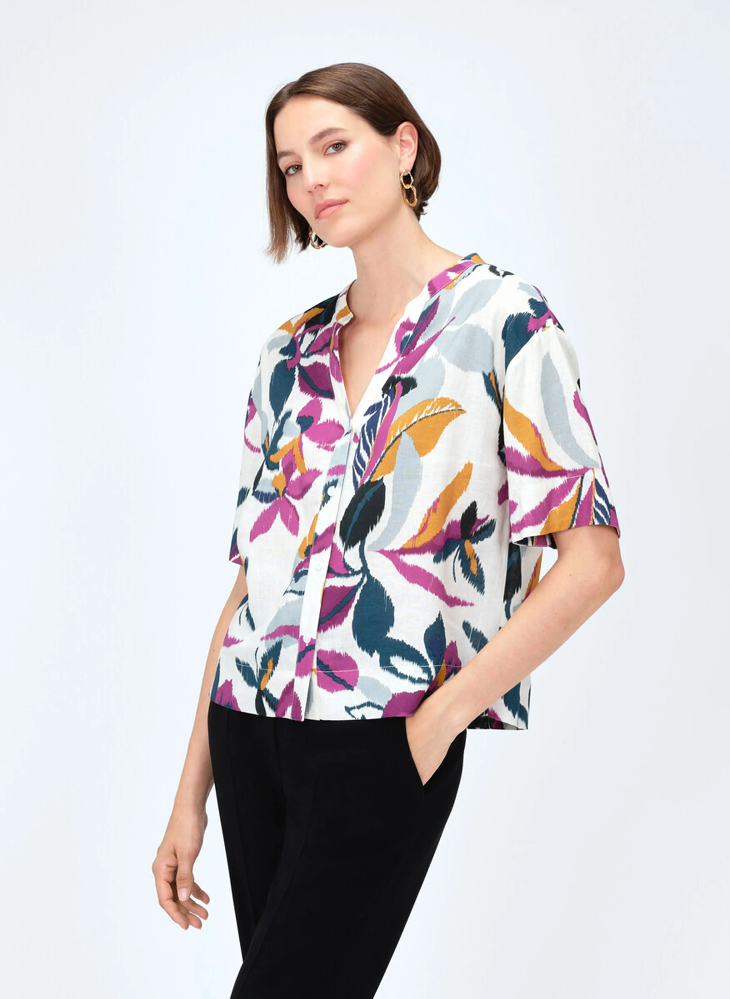 CAROLA2 - Chemise ample col tunisien en lin mélangé | Violet