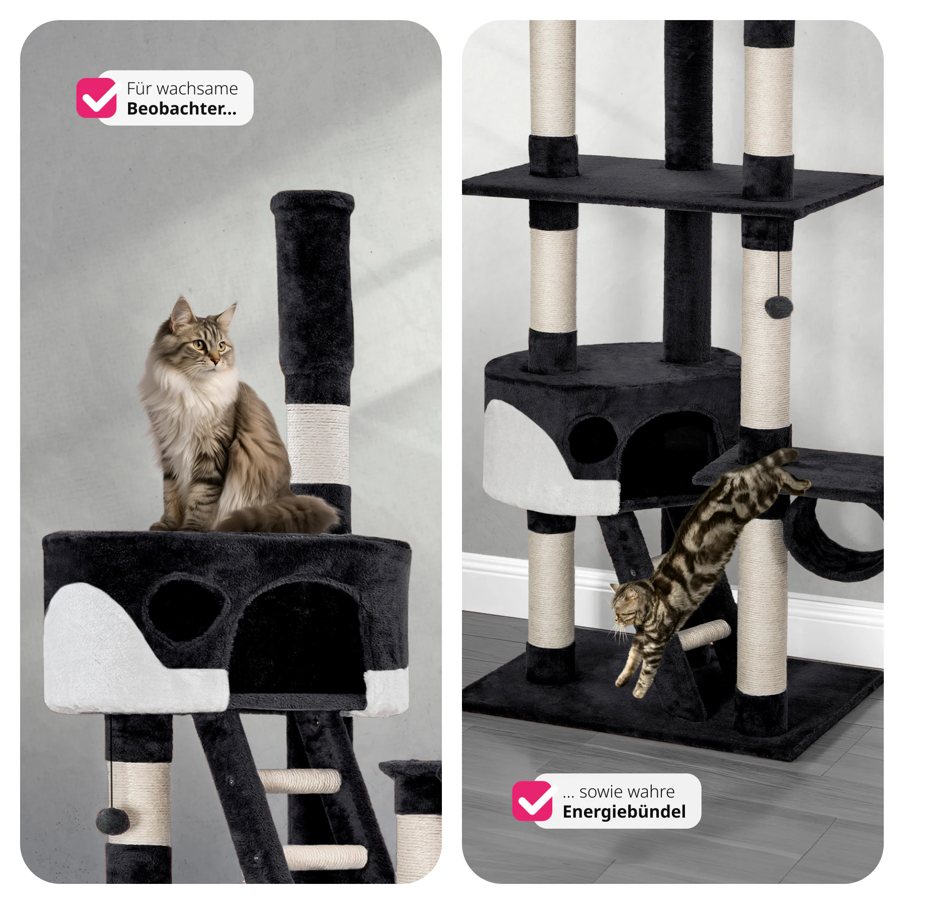 tectake® Kratzbaum, 243 bis 260 cm, mit 2 Katzenhäusern, inklusive 2 Treppen, 2 Spielbällen, Deckenspanner und Kippschutz