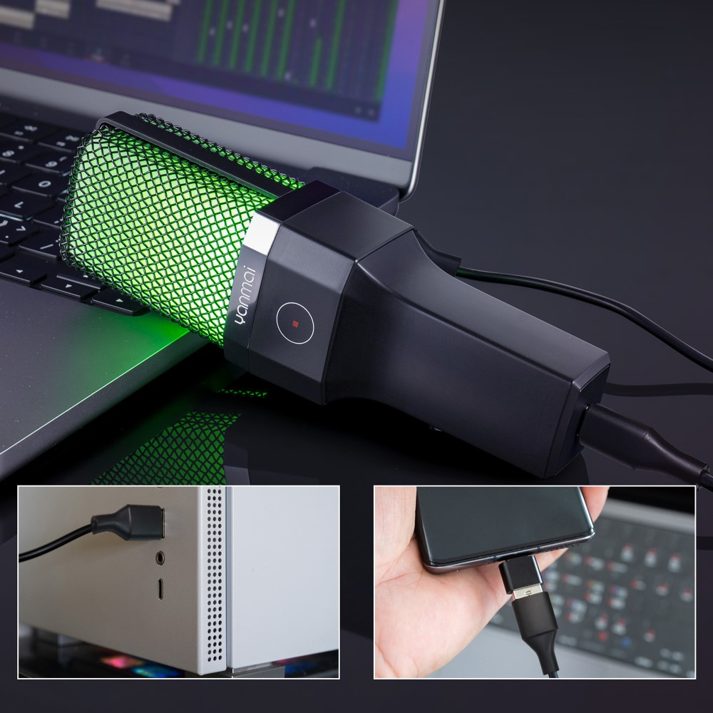 Studio Kondensator USB / USB-C Mikrofon für Gaming / Streaming mit Pop Filter / ANC / Dreibein Stativ und RGB LED - Schwarz
