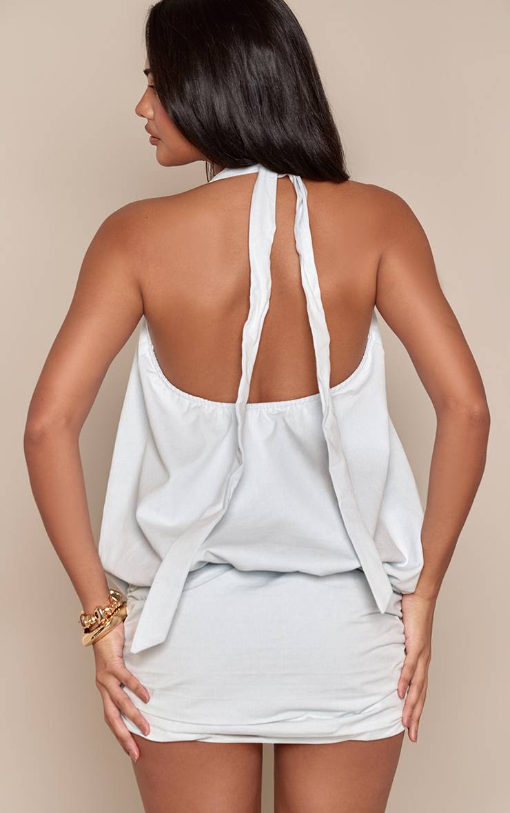 Bleu Clair Mini-robe En Chambray Dos Nu À Bustier Bouffant