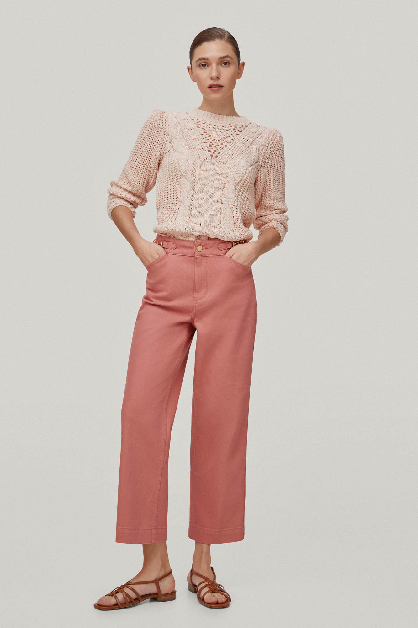 Calça jeans cropped de perna larga - Rosa