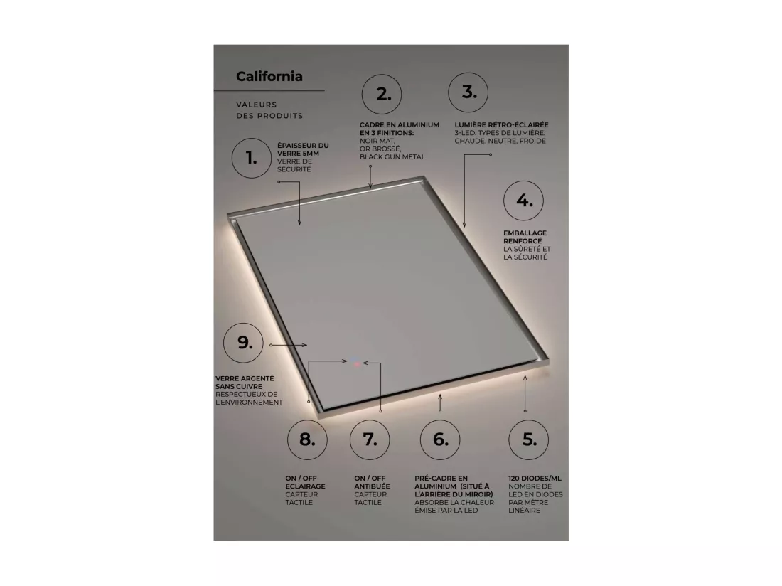 Miroir Salle de Bain CALIFORNIA - 120x80cm - Or Brossé - T° Led Variable - Tactiles On/Off & Anti-Buée - LEDIMEX