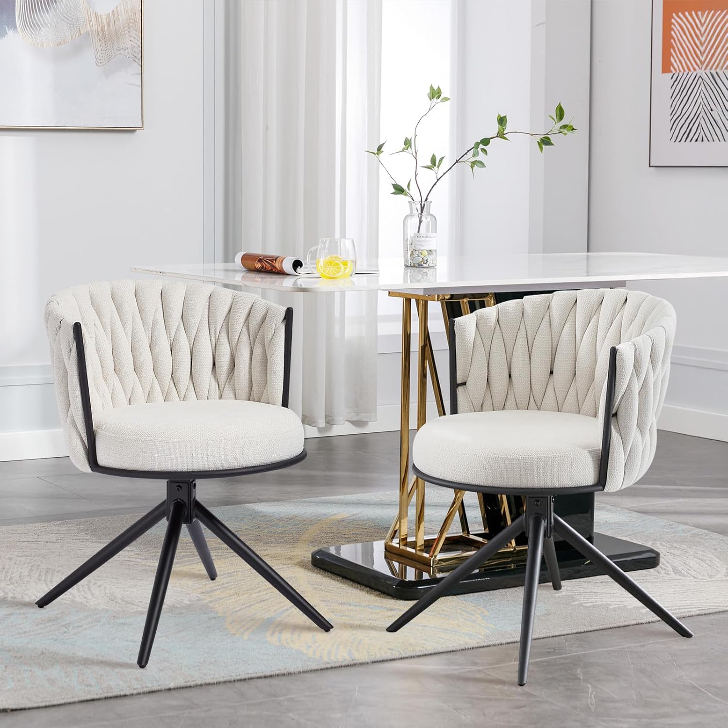 Esszimmerstühle Drehbar 2er Set Stoff bis 136kg Belastbarkeit Armlehnstuhl Metallbeinen Modern Bequem Schalenstuhl Gepolstert Dining Room Chair für Esstisch Schminktisch Küche Wohnzimmer Beige