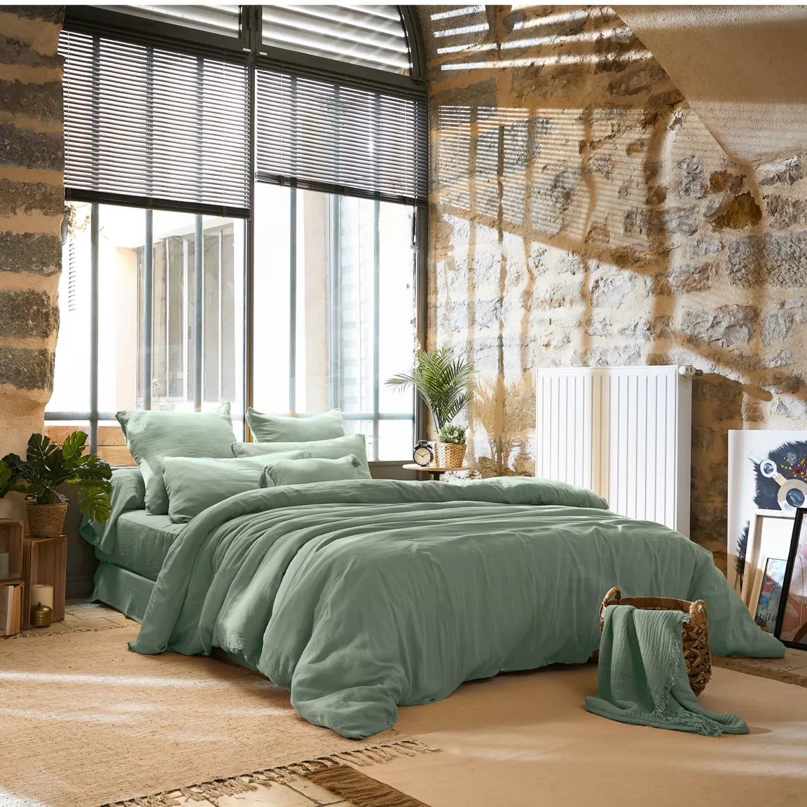 Cache-sommier Gaze de coton (90 x 190 cm) Gaïa Vert eucalyptus