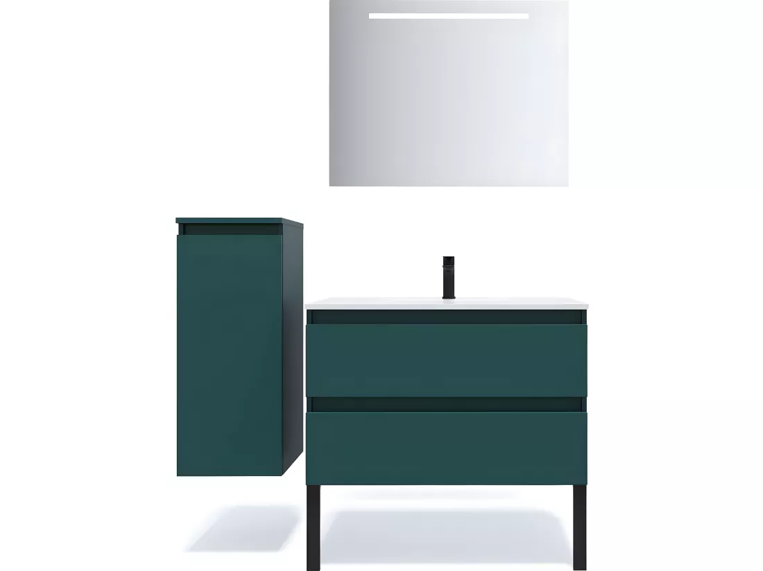 Meuble de salle de bain suspendu vasque intégrée 90cm 2 tiroirs Bleu + miroir + colonne ouverture gauche - Hudson