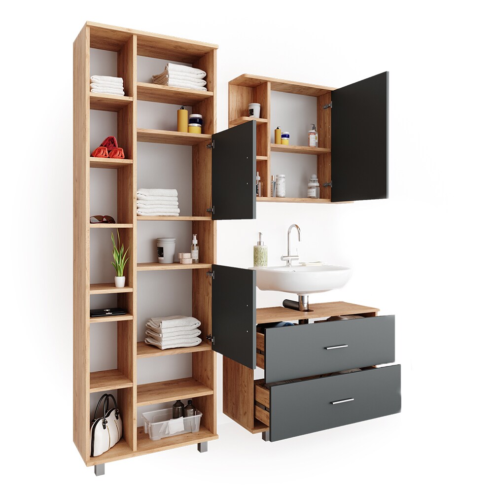 VICCO Badmöbel Set ILIAS Eiche Anthrazit Spiegel Kommode Unterschrank Badschrank