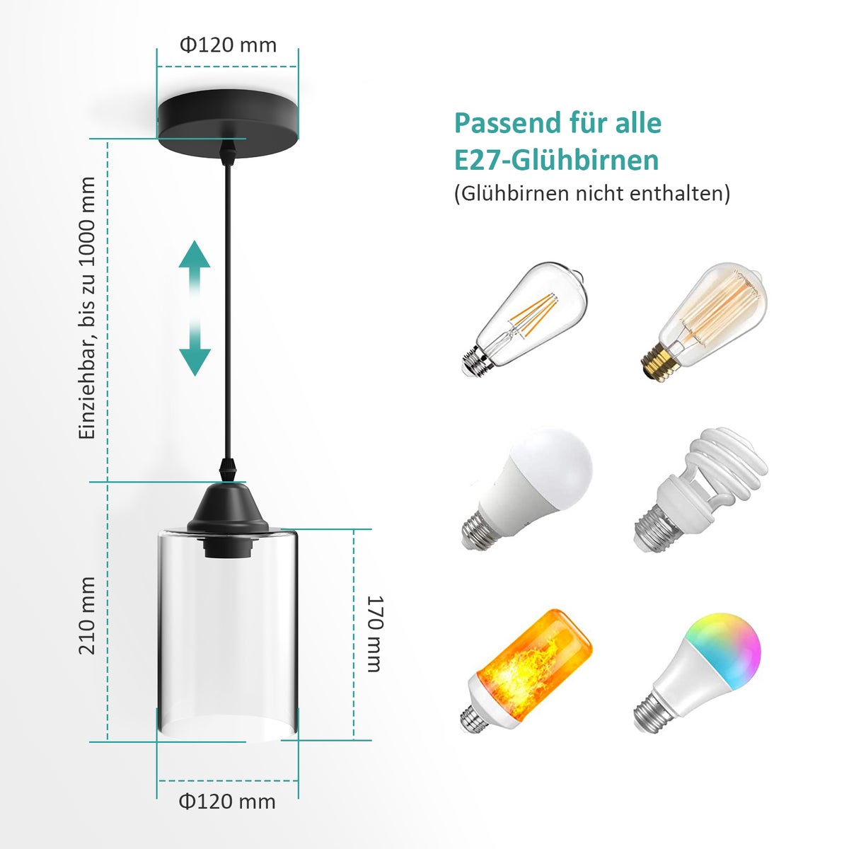 EMKE Kyle hanglamp, 1-lichts glazen hanglamp, kroonluchterontwerp, moderne interieurdecoratie hanglamp, eettafellamp, woonkamerlamp voor E27