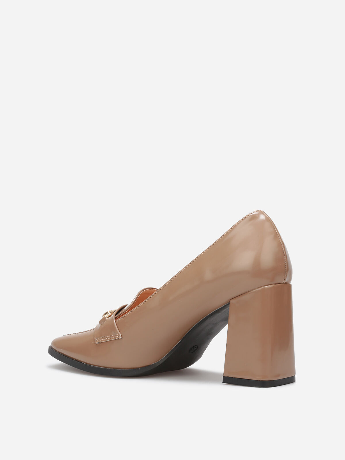 Mocassins vernis à talon et bride doré- Taupe