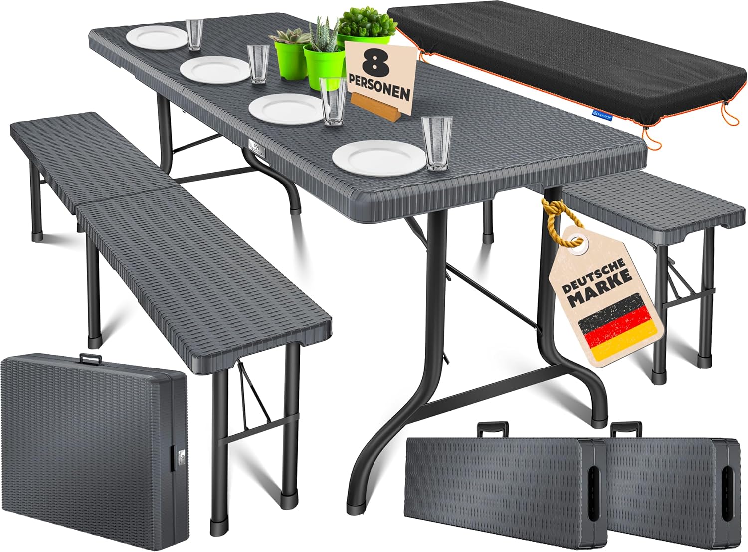 KESSER® Bierzeltgarnitur 3-teilig Set Tisch & 2X Bank| Buffettisch für drinnen & draußen Gartengarnitur klappbar 183x76x74cm Kunststoff Klapptisch Rattan-Look Gartentisch Inkl Abdeckung & Tragegriffe