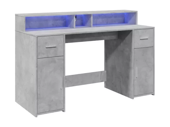 Bureau et lumières LED gris béton 140x55x91cm bois d'ingénierie