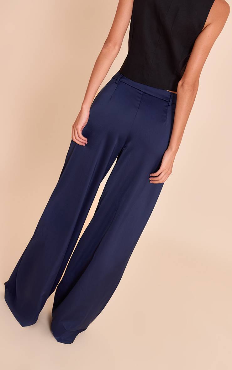 Bleu Marine Pantalon Large En Satin À Détails Ajustés