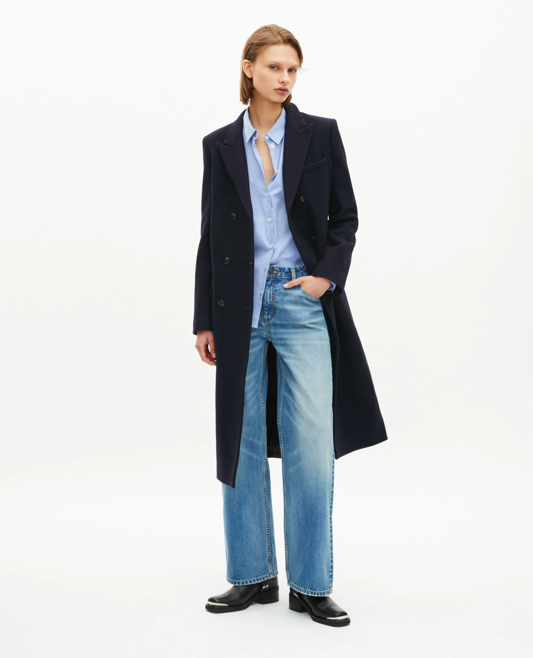 Manteau long croisé en laine marine