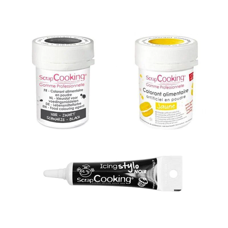 2 colorants alimentaires jaune-noir + Stylo glaçage noir Scrapcooking