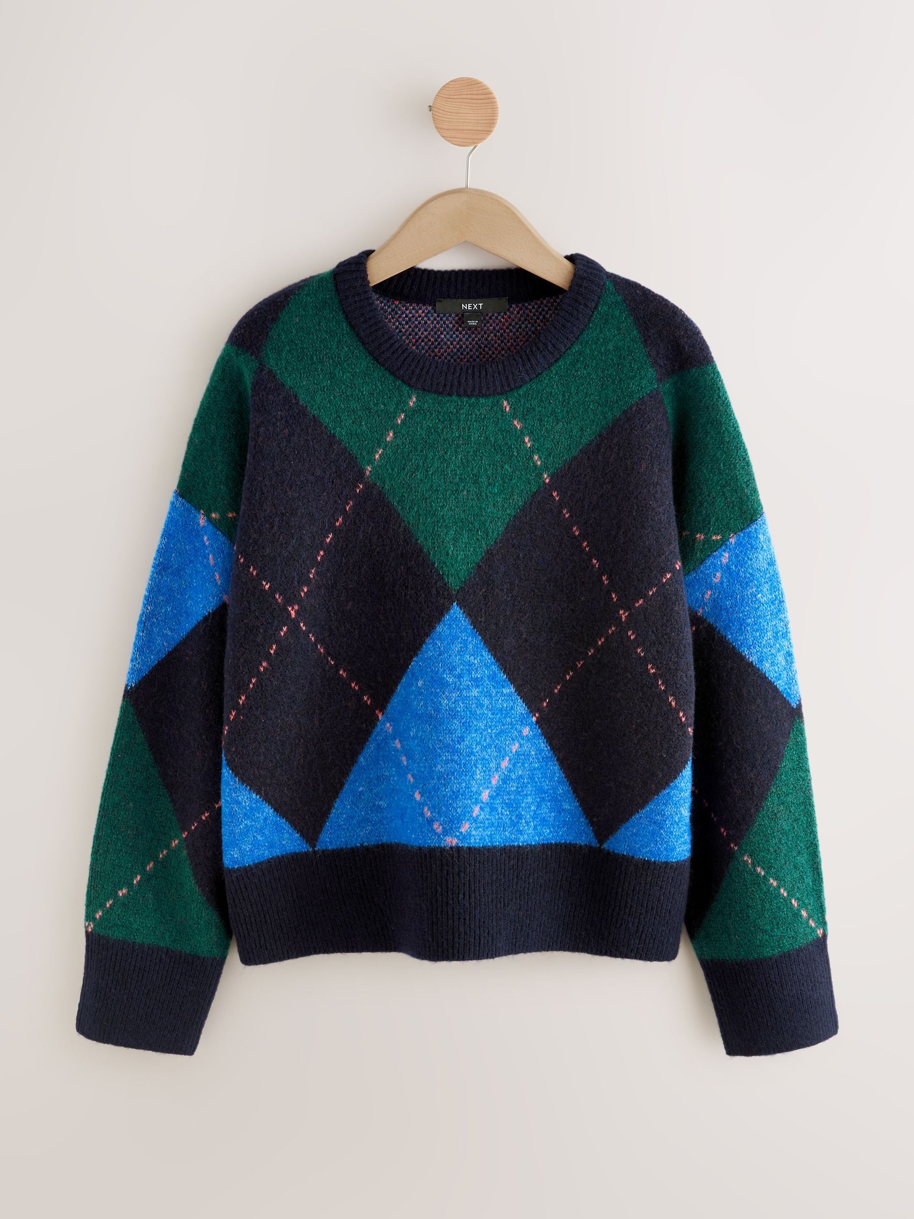 Marineblauw/groen argyle - Gebreide trui met ronde hals van wol
