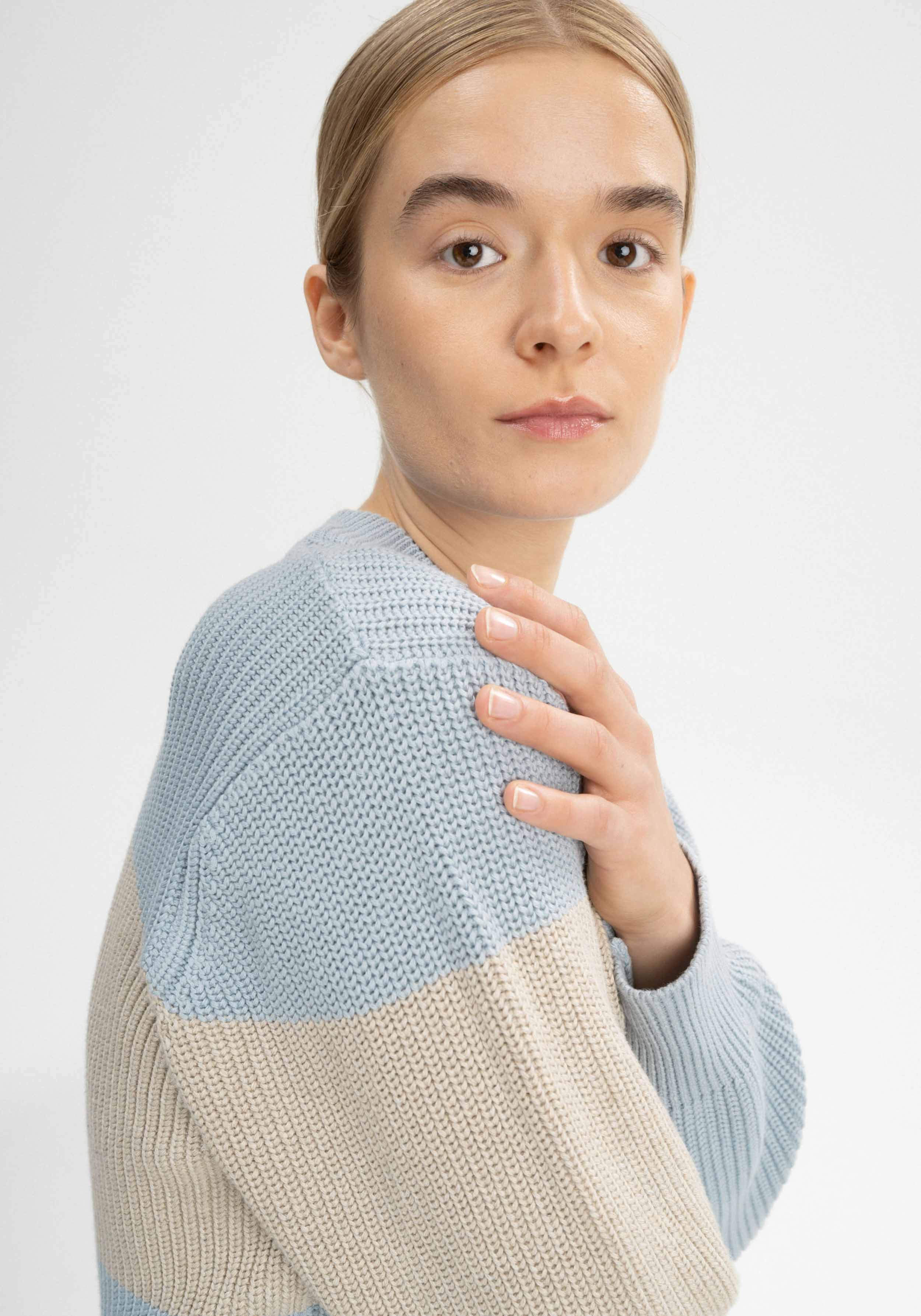 Mela Strickpullover Rib Knit Adah Stripes Cloudy Blue/Kiesel Melange