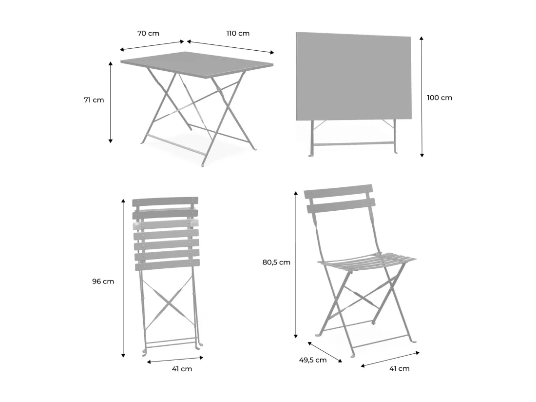 Table de jardin bistrot pliante métal + 4 assises 110 x 70cm. avec quatre chaises pliantes. acier thermolaqué