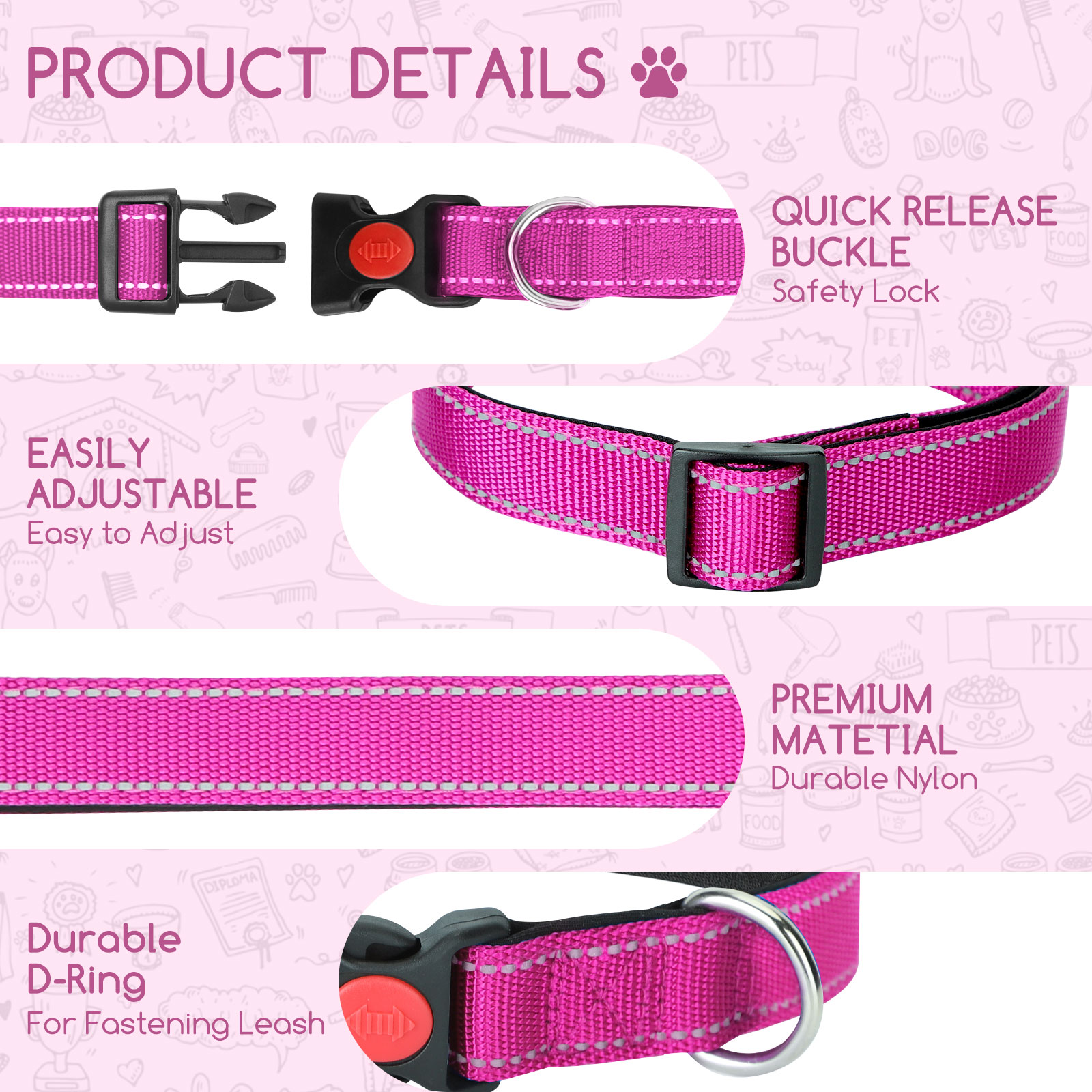 Nobleza - 2 coleiras para cães, coleira de nylon macia e acolchoada com detalhes refletivos, coleira ajustável para cães grandes com trava de segurança, coleiras para treinamento de cães (G, rosa)