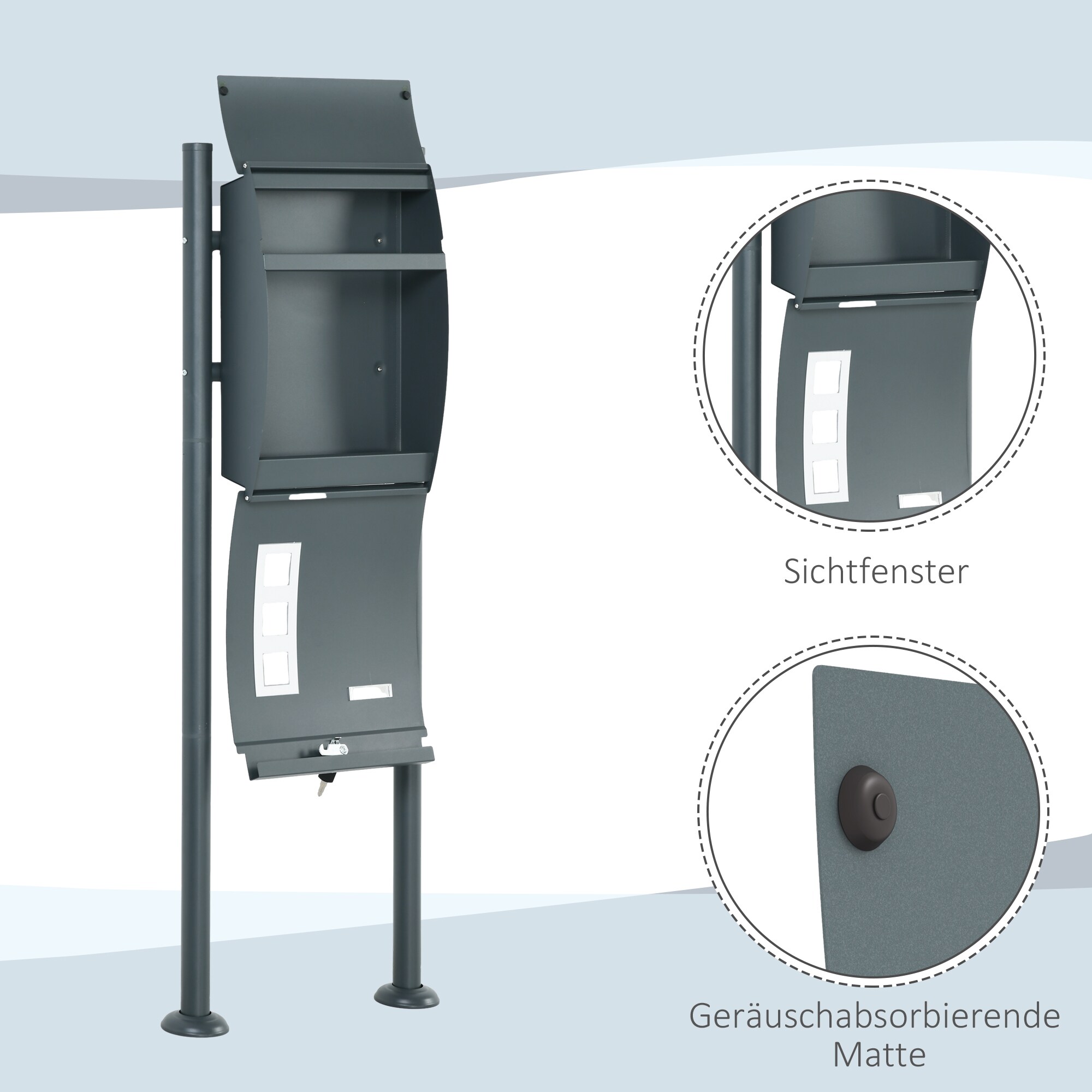 HOMCOM Briefkasten Freistehend oder Wandmontage geeignet mit Sichtfenster grau 44L x 15B x 114H cm