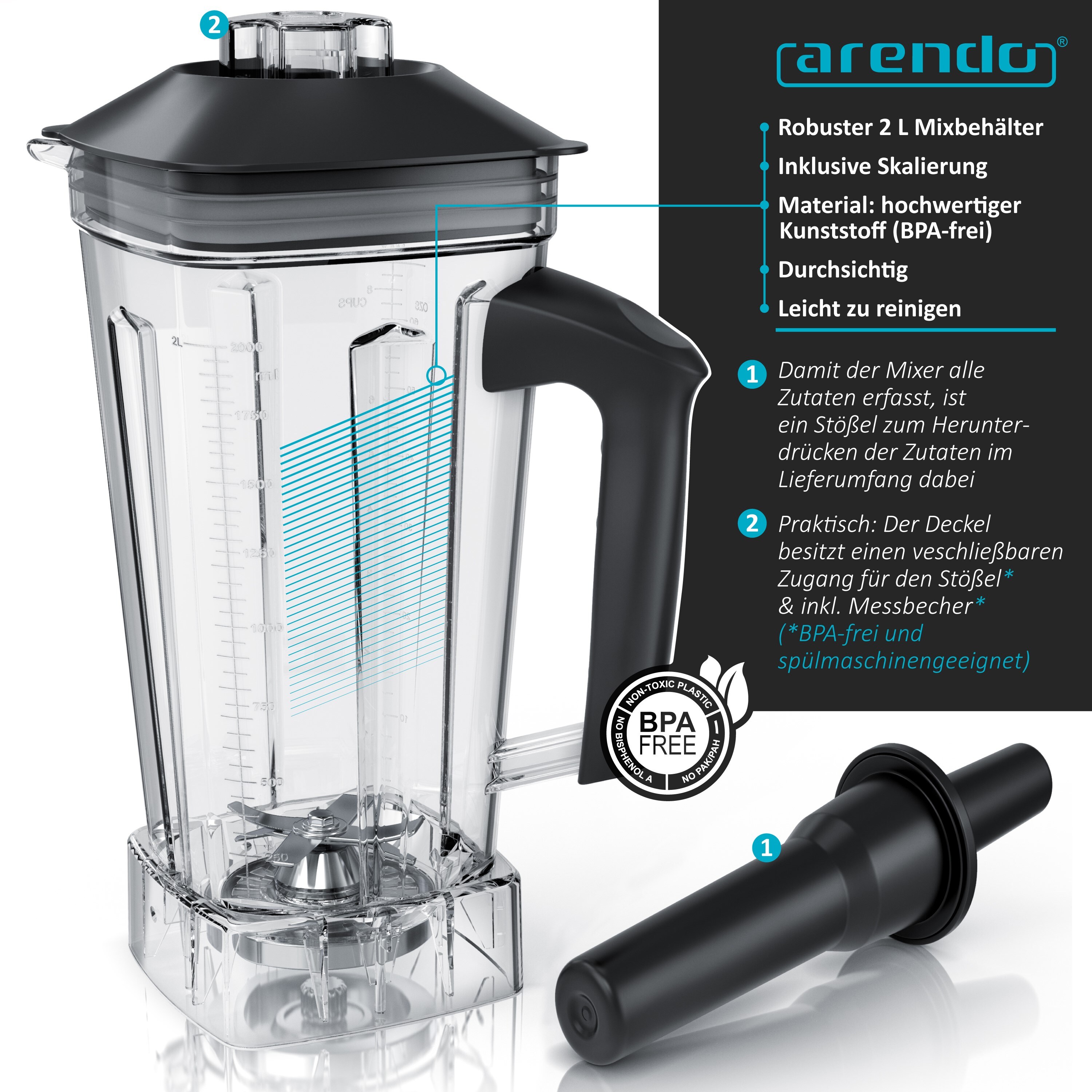 Arendo Standmixer 2000 W, Mixer mit 2 l Mixbehälter, Touchpanel, 24.000 U/min, Timer, 5 Programme