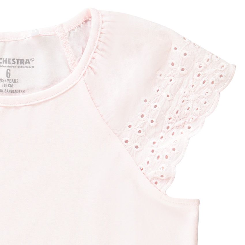 T-shirt manches courtes en broderie anglaise uni pour fille - Rose