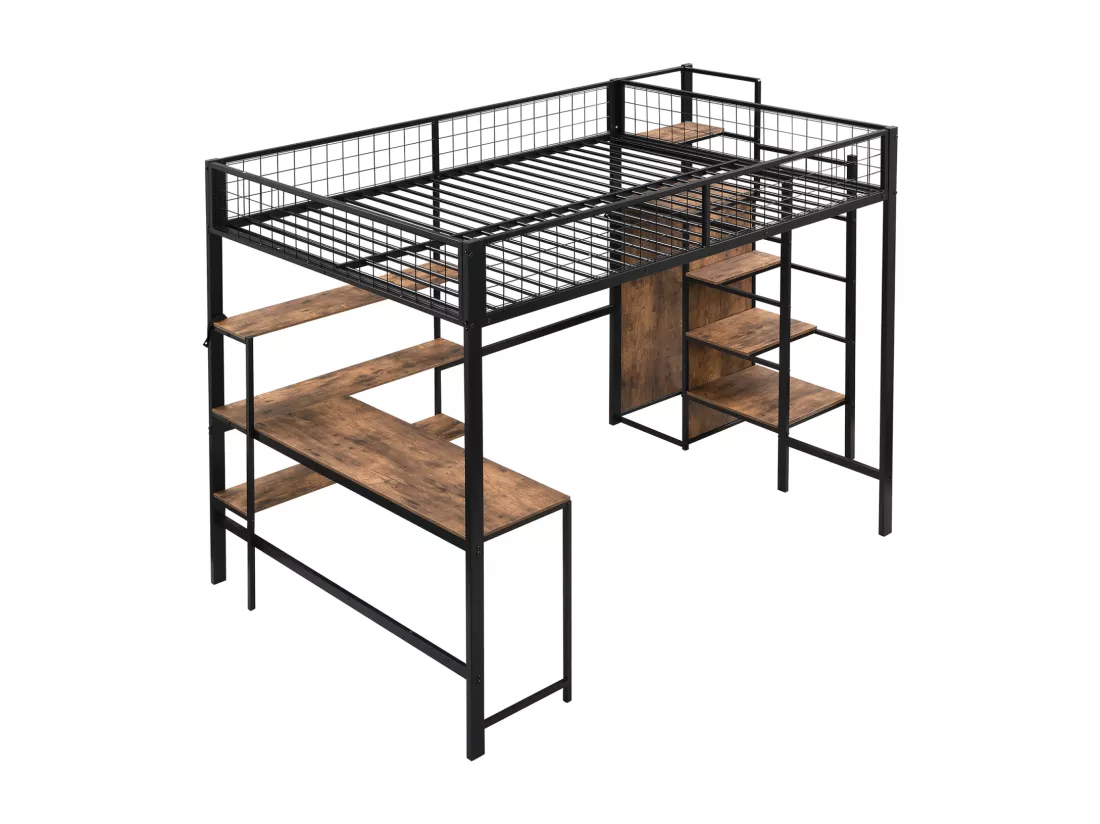 Lit mezzanine 90x200cm, cadre en fer, avec sous plateau bureau L, plusieurs étagères, escaliers et armoire intégrée, noir