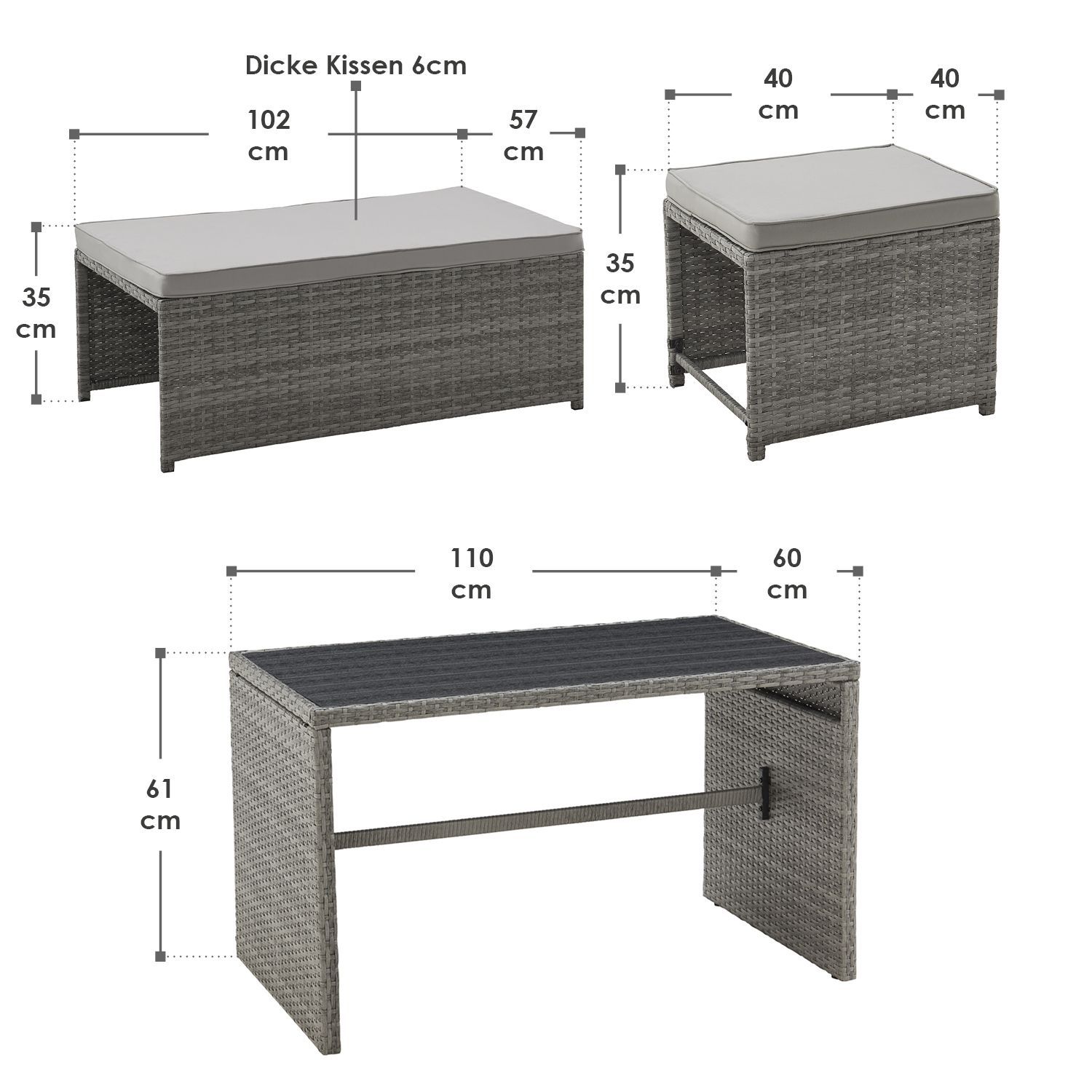 Juskys 2in1 Polyrattan Relax Gartenmöbel Set Jamaika - Lounge für Balkon & Outdoor, Balkonmöbel Grau